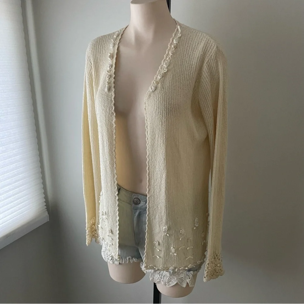 Vintage April Cornell Open Embellished Beaded Faux Pearl Knit Cardigan Granny - Picture 7 of 10